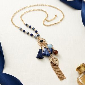 Boho Bliss Long Gold Beaded Cluster Necklace • Leaf & Tassel Statement